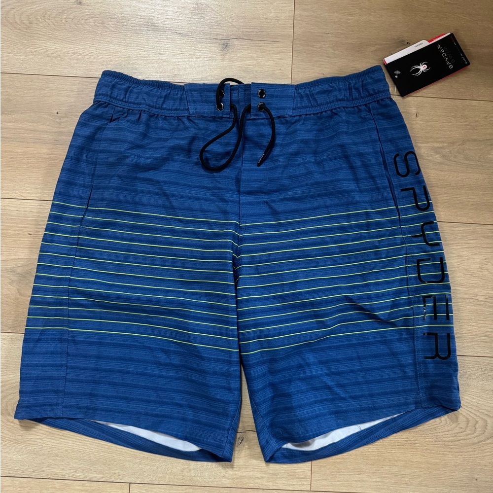 Spyder Blue Swim Shorts with Green Stripes Mens size XL